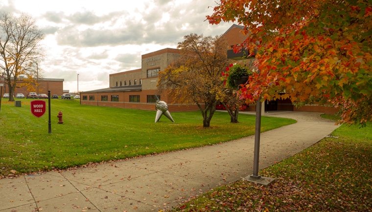 Robert S Wood Hall with fall foliage